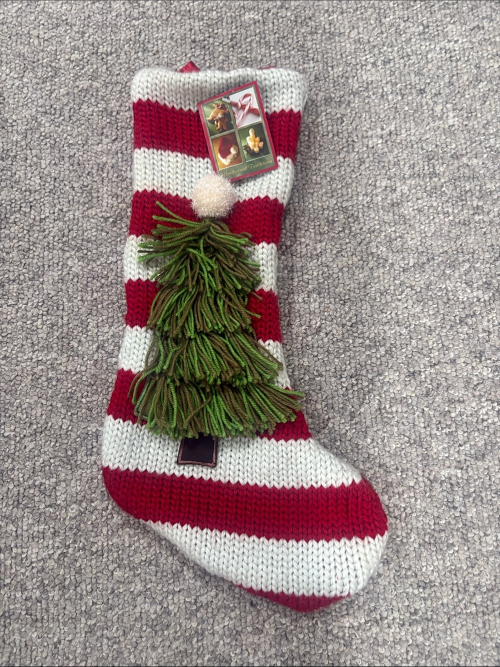 Striped Knit Holiday Stocking with Green Tassel Tree